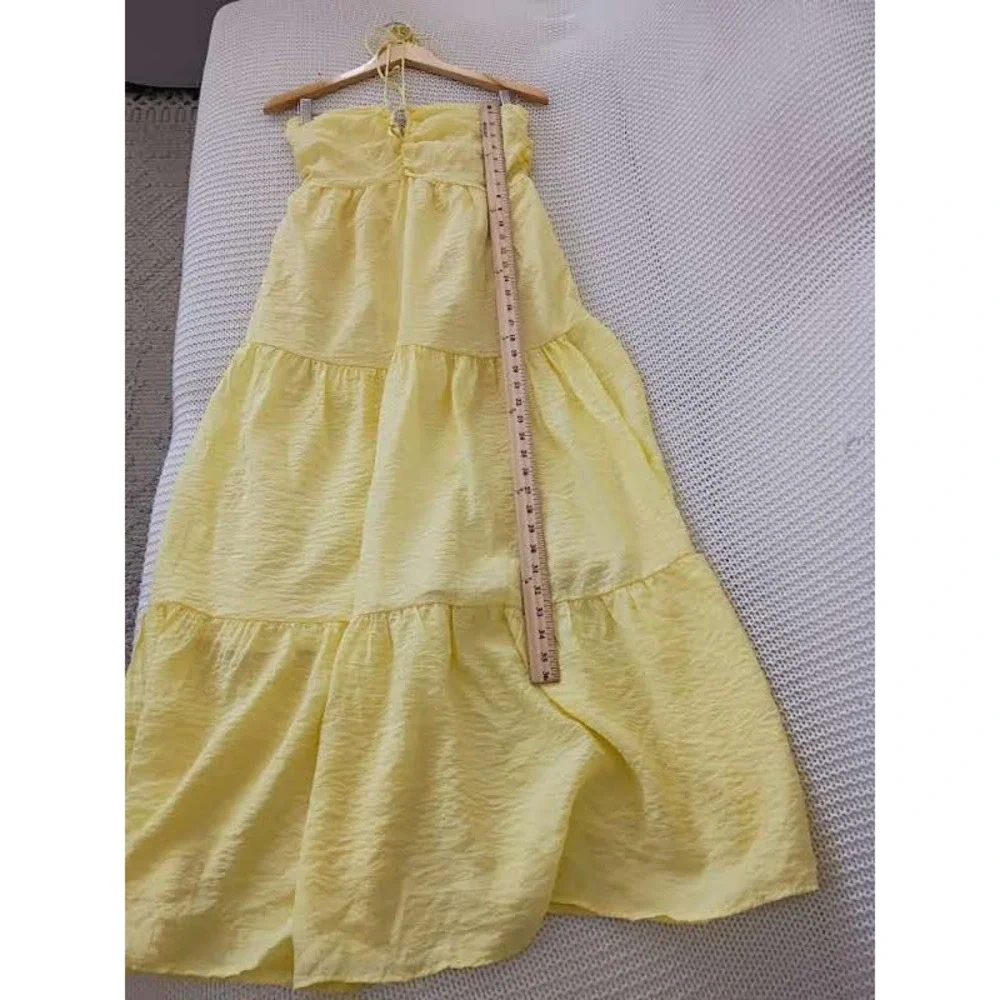 Cottagecore Boho Yellow Textured 100% Cotton Tiered‎ Maxi Halter Dress S NWOT